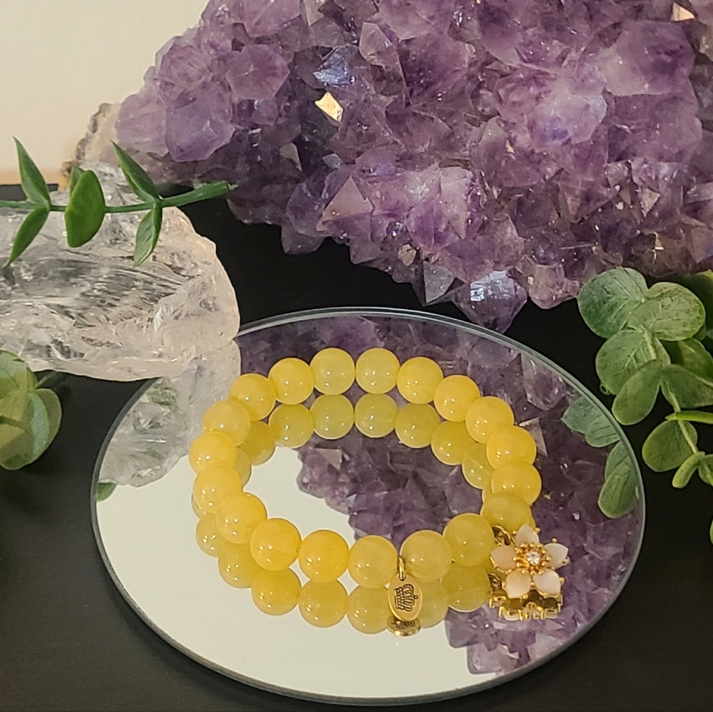 Yellow Beaded Bracelet with Lotus Flower Charm